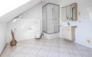 a bathroom with a shower and a toilet and a sink at Bernsteinbad-Koserow-Haus-Fuenf-Elemente-Ferienwohnung-Raum in Ostseebad Koserow +13 photos