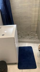 a bathroom with a shower with a blue rug at Knysna Nature's View in Knysna