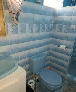 bagno con servizi igienici blu e lavandino di Stay in the Heart of the City a Georgetown