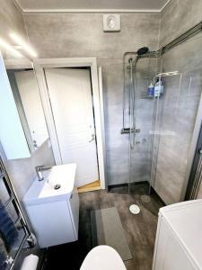 a bathroom with a shower and a toilet and a sink at Lägenhet centralt i Halmstad in Halmstad +2 photos