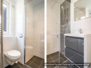 De CocksdorpにあるCozy Chalet Near North Seaのバスルーム(トイレ、洗面台付)の写真2枚