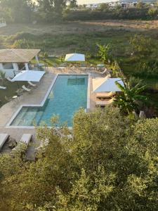 an overhead view of a swimming pool with umbrellas at Kapetanios Luxury in Agios Georgios