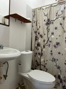 a bathroom with a toilet and a sink and a shower curtain at Casa Nayeeche, Hospedaje & Dive Center in Mazunte