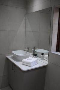 une salle de bain avec un lavabo et un miroir dans l'établissement MontMartre Chalets & Venue, à Franschhoek 45 autres photos