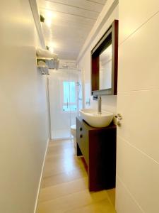 a bathroom with a sink and a toilet and a mirror at San Juan Centro Histórico in Burgos