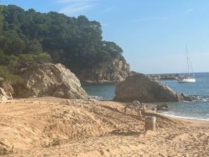 a sandy beach with a sail boat in the water at Canyelles BBQ Apartment in Lloret de Mar