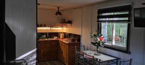 a kitchen with a counter and a table and a window at Cabaña Ruka trinar in Curacautín