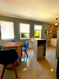 a kitchen with a table and chairs in a room at REFUGIO RIVER PUELO in Puelo +8 photos