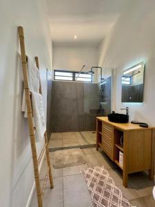 パペトアイにあるTiny House Moorea Hinavaiのバスルーム(シャワー、シンク、はしご付)