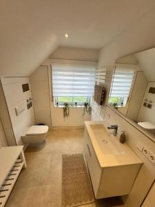 a bathroom with a sink and a toilet and a window at Ferienwohnung Amselweg Haiger in Haiger