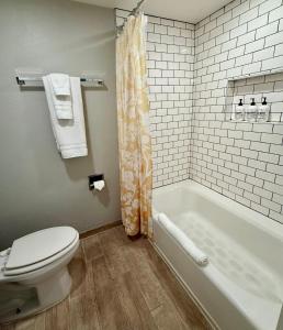 un baño con inodoro y bañera en Cozy Aksarben Living-close to I-80 & WFH desk, en Omaha