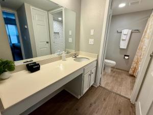 Un baño con lavabo, inodoro y espejo. en Cozy Aksarben Living-close to I-80 & WFH desk, en Omaha 2 fotos más