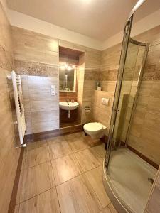 a bathroom with a shower and a sink and a toilet at Apartment Belveder Brno in Brno