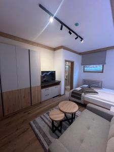a bedroom with a bed and a couch and a table at Privatni Studio Apartman RIO 028 u sklopu HOTEL VUČKO JAHORINA in Jahorina +6 photos
