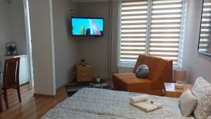 a bedroom with a bed and a chair and a television at Apartman Melodija in Kula