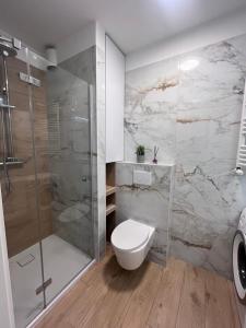 a bathroom with a toilet and a shower at Złote Apartamenty 36 in Legnica +14 photos