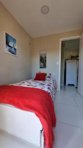 a bedroom with a bed with a red blanket at Apartamento Dei Fiori in Guaramiranga