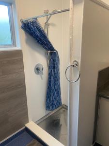 a shower with a blue shower curtain in a bathroom at Alpine Lodge Queenstown in Queenstown +42 photos