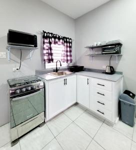 una cucina con lavello e fornello di Rest Easy at Cunningham Suites 3 & 4 a Ottleyʼs Village