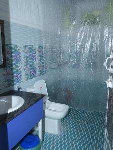 a bathroom with a shower with a toilet and a sink at BLUE Bay resorts in Yelagiri