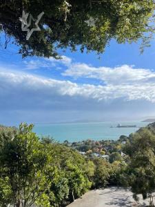 a view of the ocean from a tree at Sea views from holiday home in Lower Hutt