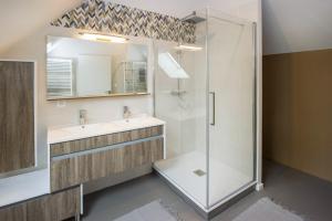 un bagno con doccia in vetro e lavandino di Maison chauvet 4 epis 10-12 pers aux monts-verts a Le Bacon Altre 39 foto