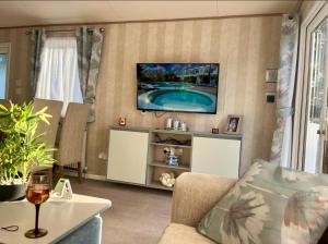 a living room with a tv on a wall at Gorsehill 44 in Lytchett Minster