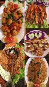 un collage de quatre assiettes de nourriture différentes dans l'établissement KLM Senayla, à Labuan Bajo