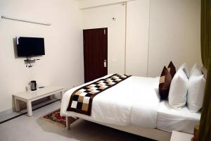 a bedroom with a large bed and a television at Hotel Dior Near Jal Mahal, Jaipur in Jaipur