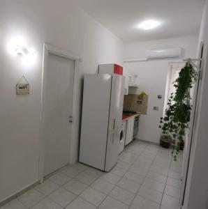 a kitchen with a white refrigerator in a room at HOUSE 27 in Fiumicino