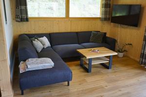a living room with a blue couch and a table at Alpenchalet Mountain Retreat Murau in Sankt Lorenzen ob Murau