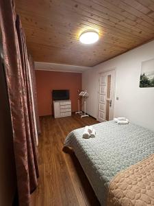 a bedroom with a bed and a wooden ceiling at Садиба Магнолія in Tukhlya