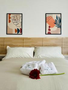 a bed with towels and a red flower on it at Bella Canosa casa vacanza con 3 camere da letto e posto auto custodito in Canosa di Puglia