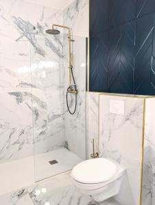 a bathroom with a toilet and a shower at Hôtel Flor in Saint-Florent