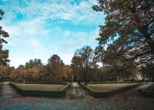 a row of benches in a park with trees at Pałac Sieniawa in Sieniawa