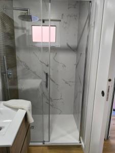 a shower with a glass door in a bathroom at Alojamento do Emílio in Gafanha da Encarnação +30 photos