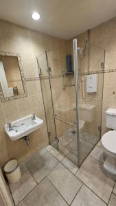 un bagno con doccia, WC e lavandino di Cove Cottage a Portloe Altre 31 foto
