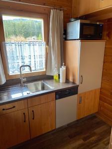a kitchen with a sink and a refrigerator and a window at Ferienhaus Nr 6, Typ A, Feriendorf Jägerpark, Bayerischer Wald in Prackenbach