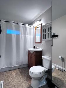 a white bathroom with a toilet and a sink at Pet Friendly Ranch Home 30 mins from O'Hare in Schaumburg +8 photos