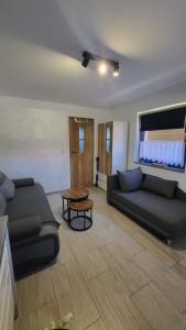 a living room with two couches and a table at Pod Chmurką in Solina