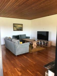 a living room with a couch and a table and a tv at Lovely Holiday Home On Lolland in Errindlev