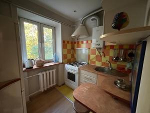 a small kitchen with a stove and a sink at Three Bedroom Stepana Bandery Street in Rivne