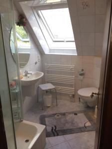 baño con tragaluz, lavabo y aseo en Ferienwohnung Haus Finkenstein, en Maasholm