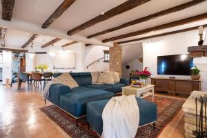 Villa Lathyrus San Lorenzo في Sveti Lovreč Pazenatički: غرفة معيشة مع أريكة زرقاء وتلفزيون