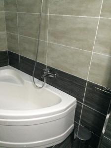 a bathroom with a white toilet and a shower at Militari Residence Luxury 23 in Roşu