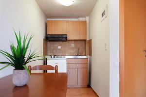 a small kitchen with a wooden table and a plant at Dia Apartments in Hersonissos