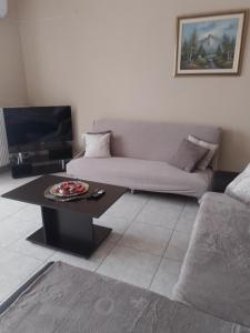 a living room with a couch and a coffee table at Kouinelis apartment in Alexandroupoli