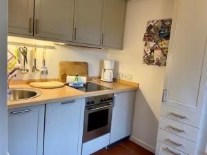 Una pequeña cocina con fregadero y encimera. en Traumstraße Bollis Huis 2, en Nieblum
