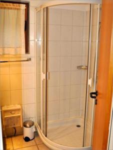 W łazience znajduje się prysznic ze szklanymi drzwiami. w obiekcie Casa Fontanella w mieście Brione