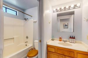 une salle de bain avec un lavabo, des toilettes et une douche dans l'établissement The Bobcat House, à Sea Ranch 21 autres photos